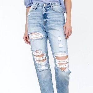 High rise distressed ripped jeans light blue straight fit round hem pure cotton